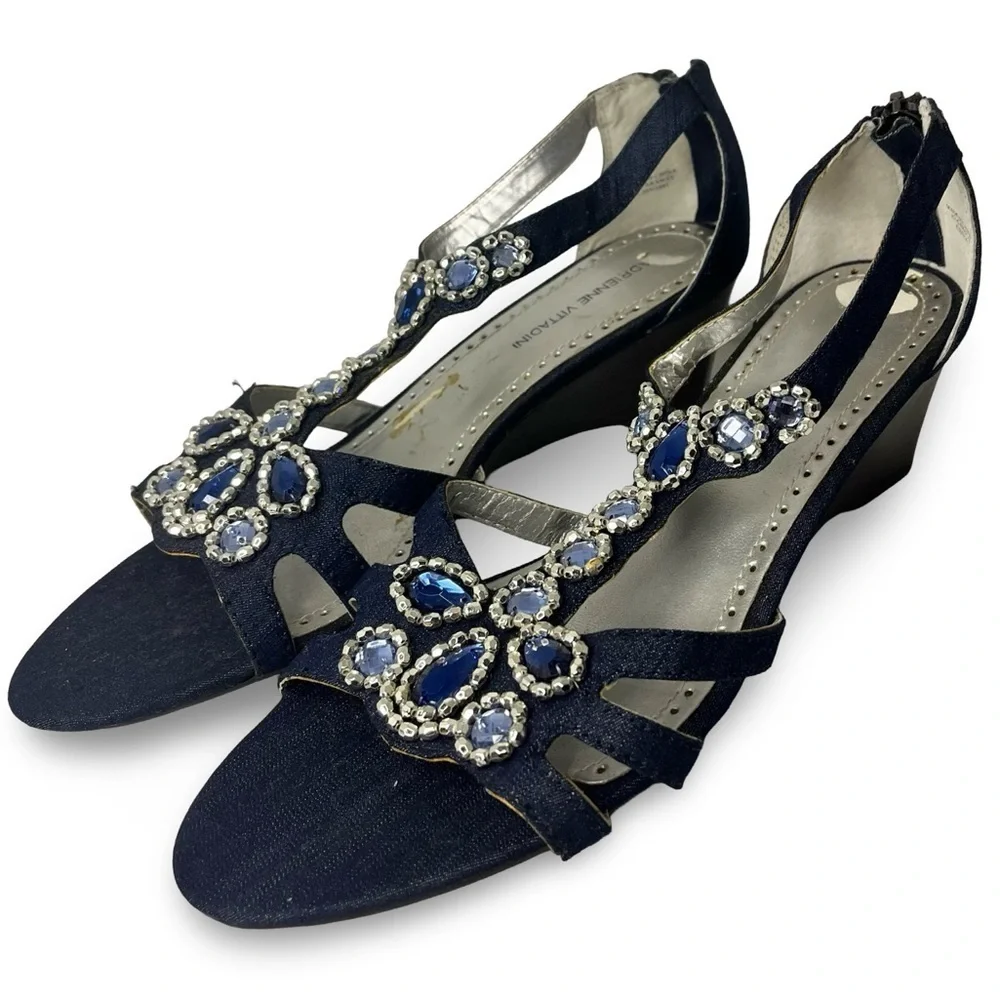 Adrienne Vittadini Navy Blue Linen Jeweled Kitten Wedge Sandals Size 8